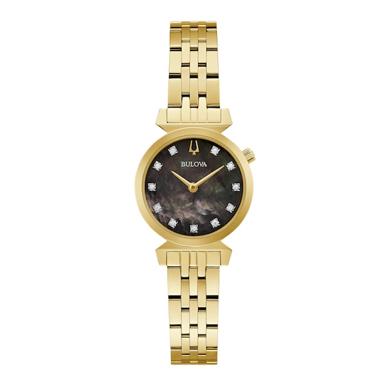 Ladies' Bulova Regatta Diamond Accent Gold-Tone IP Watch with Black Mother-of-Pearl Dial (Model: 97P173)