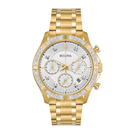 Men's Bulova Classic 1/8 CT. T.w. Diamond Gold-Tone IP Chronograph Watch with Silver Dial (Model: 98E113)