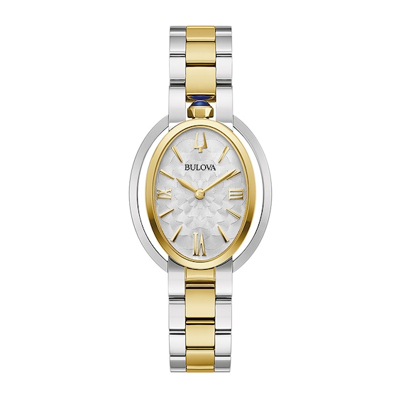 Ladies' Bulova Rubaiyat Two-Tone IP Watch with Oval White Dial (Model: 98L320)