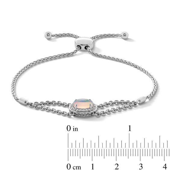 Oval Blue Lab-Created Opal and White Lab-Created Sapphire Frame Sideways Bolo Bracelet in Sterling Silver - 9.25"