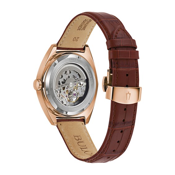 Men's Bulova Surveyor Rose-Tone Brown Leather Strap Watch with White Skeleton Dial (Model: 97A175)