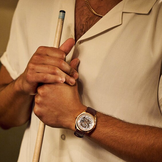 Men's Bulova Surveyor Rose-Tone Brown Leather Strap Watch with White Skeleton Dial (Model: 97A175)