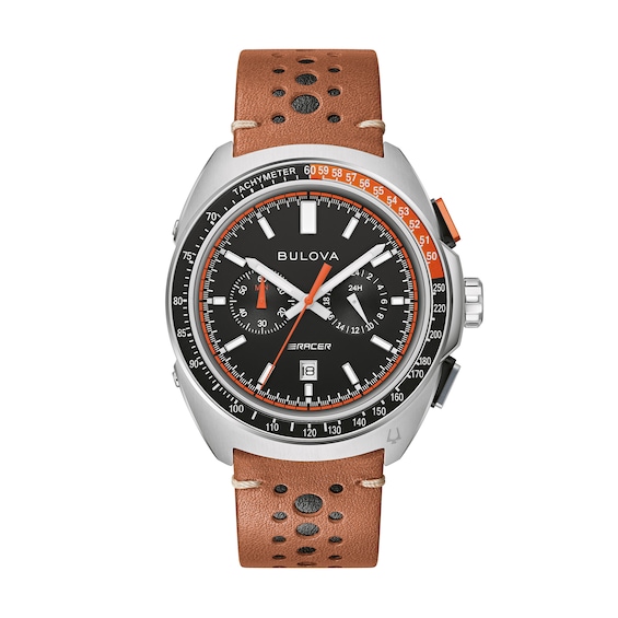Menâs Bulova Racer Chronograph Brown Leather Strap Watch with Black Dial (Model: 98B427)