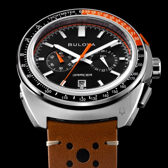 Menâs Bulova Racer Chronograph Brown Leather Strap Watch with Black Dial (Model: 98B427)