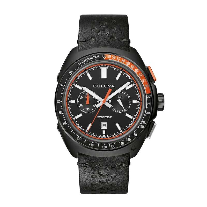 Main Image 1 of Men’s Bulova Racer Chronograph Black IP Leather Strap Watch with Black Dial (Model: 98B428)
