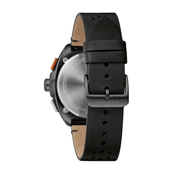 Menâs Bulova Racer Chronograph Black IP Leather Strap Watch with Black Dial (Model: 98B428)