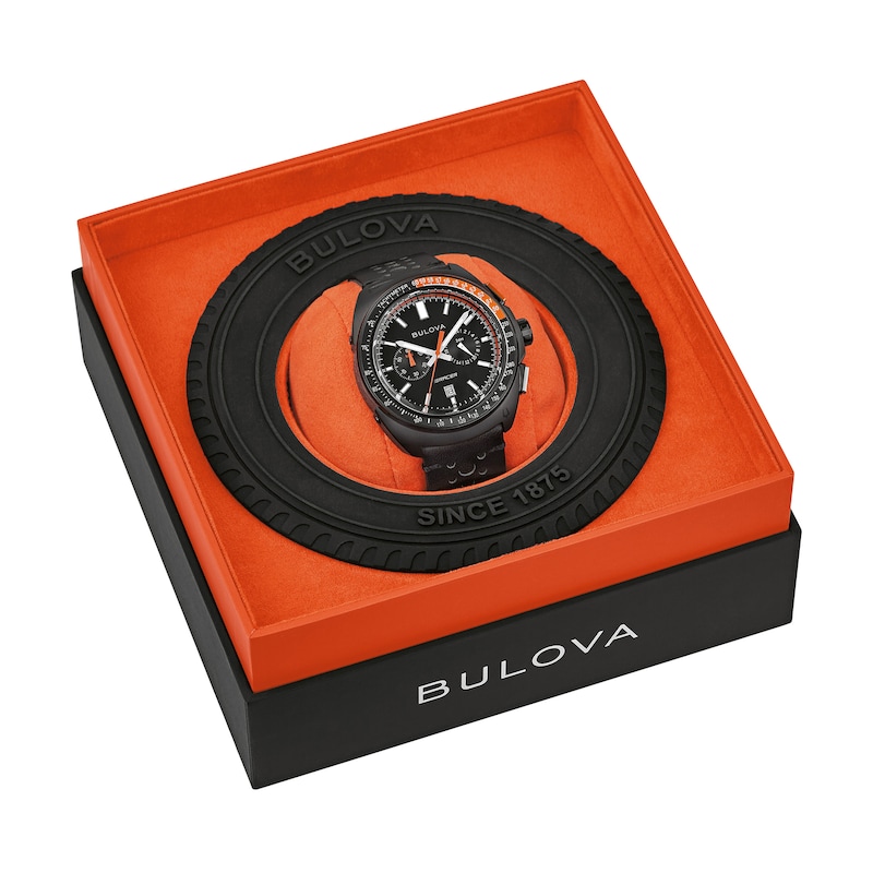 Main Image 4 of Men’s Bulova Racer Chronograph Black IP Leather Strap Watch with Black Dial (Model: 98B428)