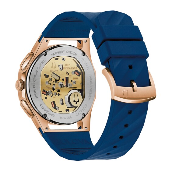 Men's Bulova Marc Anthony Curv Chronograph Rose-Tone IP Blue Silicone Strap Watch with Blue Dial (Model: 97A185)