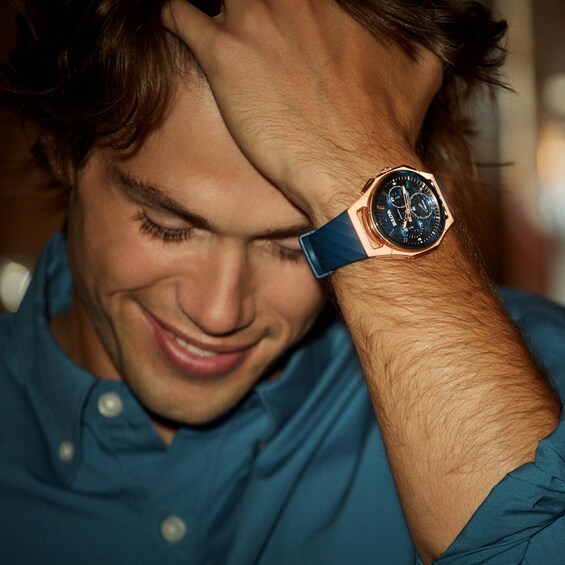 Men's Bulova Marc Anthony Curv Chronograph Rose-Tone IP Blue Silicone Strap Watch with Blue Dial (Model: 97A185)
