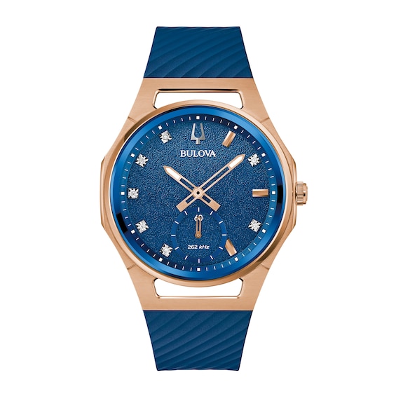 Ladies' Bulova Marc Anthony Curv Diamond Accent Rose-Tone IP Blue Silicone Strap Watch with Blue Dial (Model: 97P174)