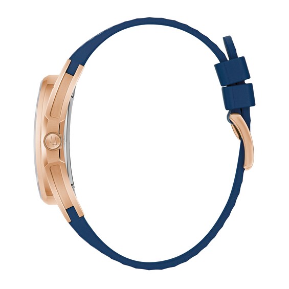 Ladies' Bulova Marc Anthony Curv Diamond Accent Rose-Tone IP Blue Silicone Strap Watch with Blue Dial (Model: 97P174)