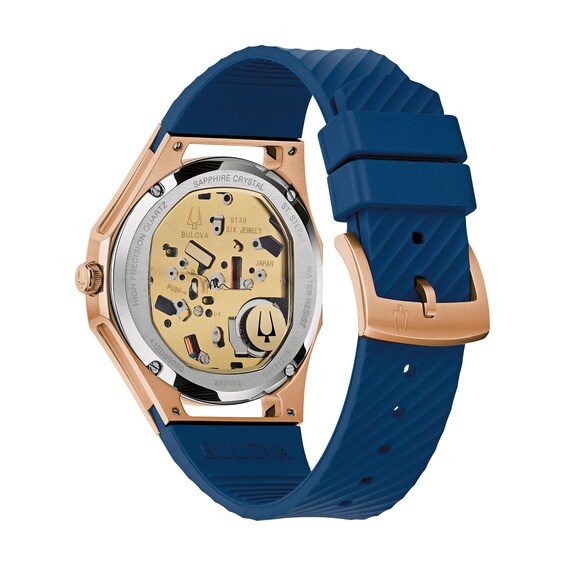 Ladies' Bulova Marc Anthony Curv Diamond Accent Rose-Tone IP Blue Silicone Strap Watch with Blue Dial (Model: 97P174)