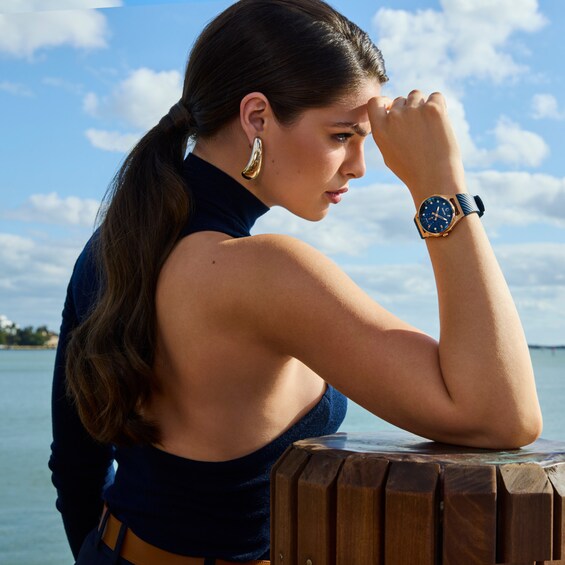 Ladies' Bulova Marc Anthony Curv Diamond Accent Rose-Tone IP Blue Silicone Strap Watch with Blue Dial (Model: 97P174)