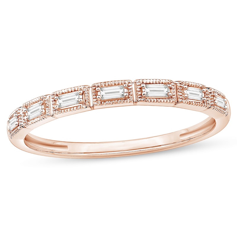 Main Image 1 of 1/15 CT. T.W. Baguette Diamond Vintage-Style Stackable Anniversary Band in 10K Rose Gold