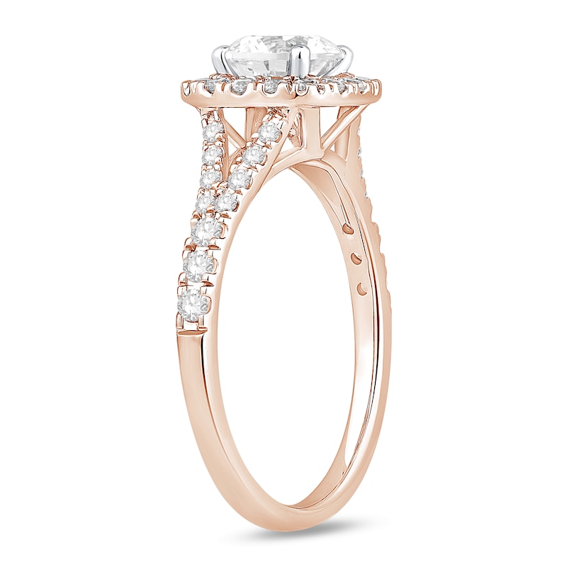 Main Image 2 of 1-1/2 CT. T.W. Certified Lab-Grown Diamond Cushion Frame Split Shank Engagement Ring in 14K Rose Gold (G/SI2)
