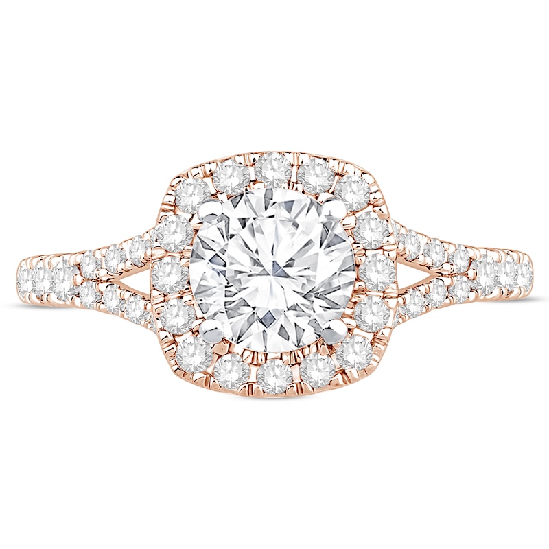 Main Image 3 of 1-1/2 CT. T.W. Certified Lab-Grown Diamond Cushion Frame Split Shank Engagement Ring in 14K Rose Gold (G/SI2)