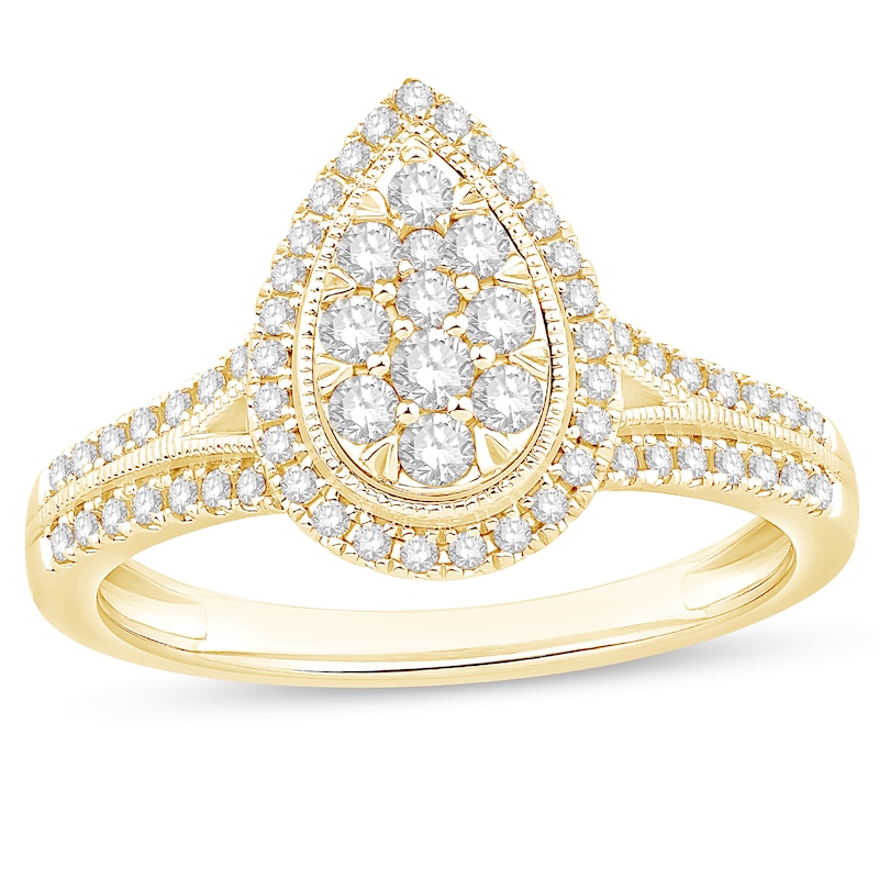 Main Image 1 of 1/2 CT. T.W. Pear-Shaped Multi-Diamond Frame Split Shank Vintage-Style Engagement Ring in 10K Gold