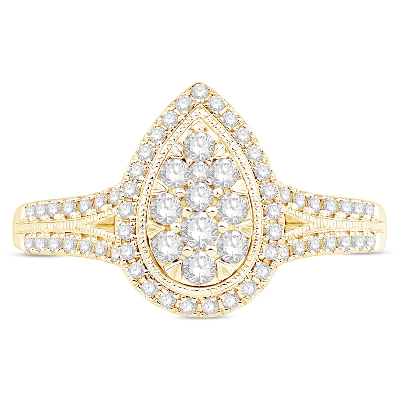 Main Image 3 of 1/2 CT. T.W. Pear-Shaped Multi-Diamond Frame Split Shank Vintage-Style Engagement Ring in 10K Gold