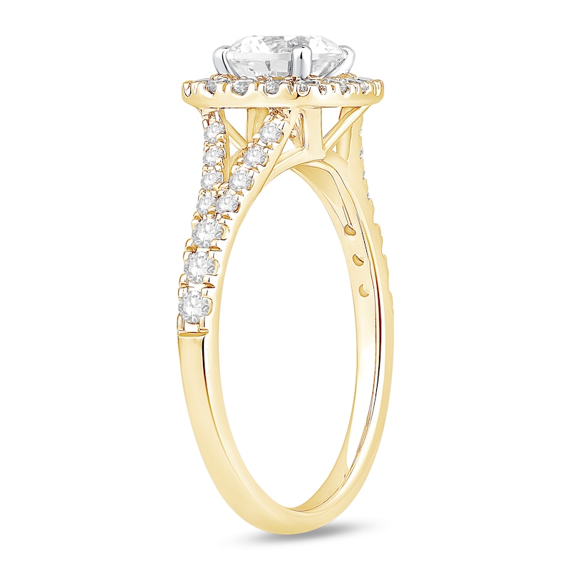 Main Image 2 of 1-1/2 CT. T.W. Certified Lab-Grown Diamond Cushion Frame Split Shank Engagement Ring in 14K Gold (G/SI2)