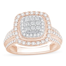 1 CT. T.W. Princess-Cut Multi-Diamond Double Cushion Frame Triple Row Engagement Ring in 10K Rose Gold