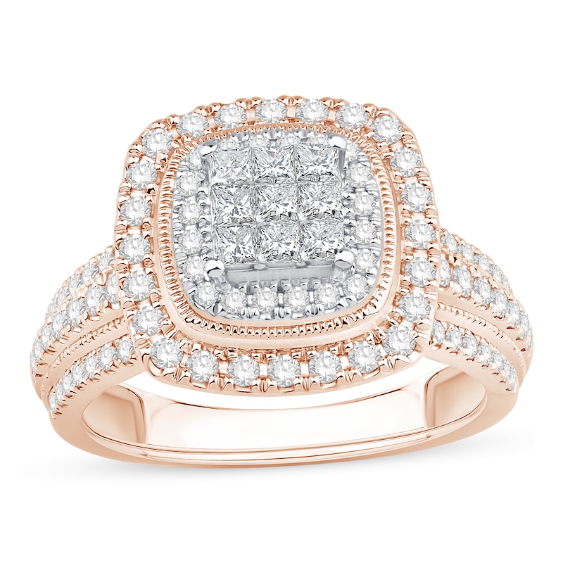 Main Image 1 of 1 CT. T.W. Princess-Cut Multi-Diamond Double Cushion Frame Triple Row Engagement Ring in 10K Rose Gold