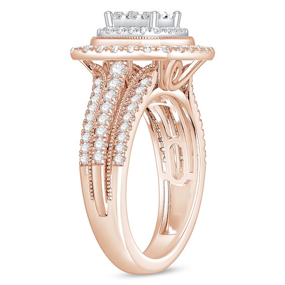 1 CT. T.w. Princess-Cut Multi-Diamond Double Cushion Frame Triple Row Engagement Ring in 10K Rose Gold