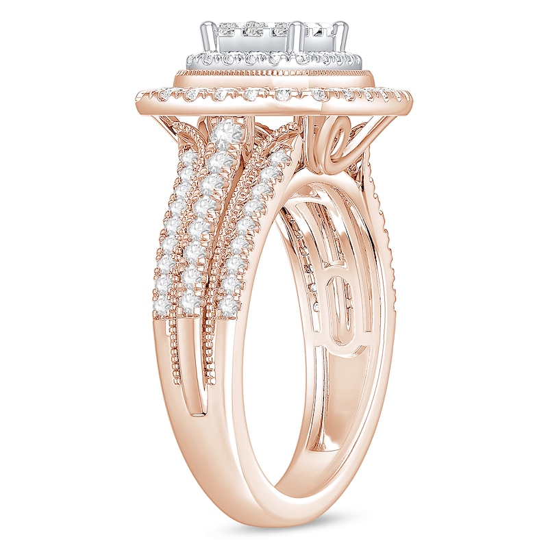 Main Image 2 of 1 CT. T.W. Princess-Cut Multi-Diamond Double Cushion Frame Triple Row Engagement Ring in 10K Rose Gold