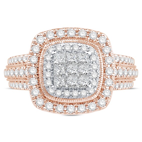 1 CT. T.w. Princess-Cut Multi-Diamond Double Cushion Frame Triple Row Engagement Ring in 10K Rose Gold