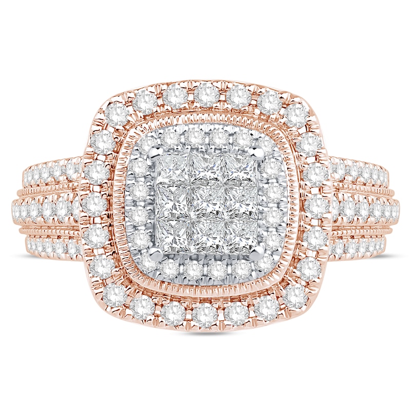 Main Image 3 of 1 CT. T.W. Princess-Cut Multi-Diamond Double Cushion Frame Triple Row Engagement Ring in 10K Rose Gold