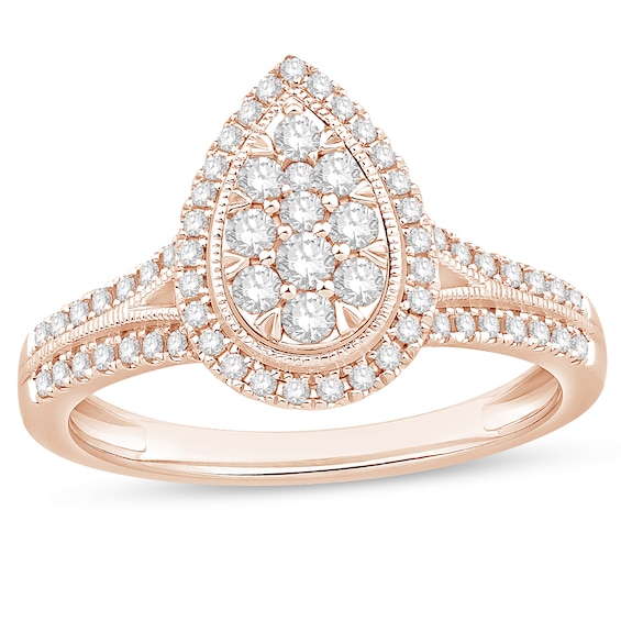 1/2 CT. T.w. Pear-Shaped Multi-Diamond Frame Split Shank Vintage-Style Engagement Ring in 10K Rose Gold