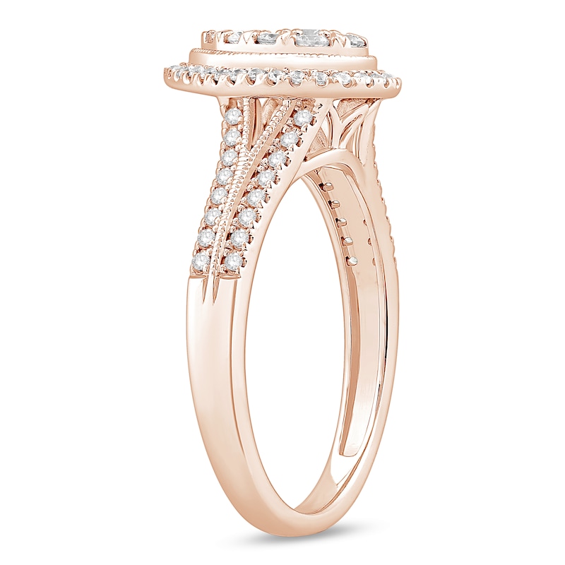 Main Image 2 of 1/2 CT. T.W. Pear-Shaped Multi-Diamond Frame Split Shank Vintage-Style Engagement Ring in 10K Rose Gold