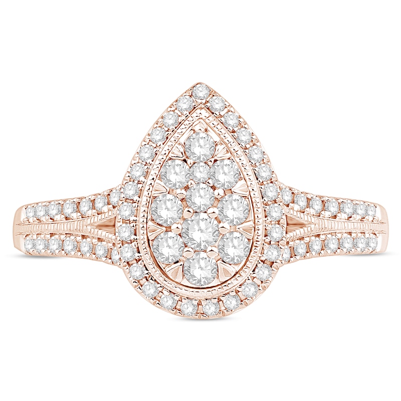 Main Image 3 of 1/2 CT. T.W. Pear-Shaped Multi-Diamond Frame Split Shank Vintage-Style Engagement Ring in 10K Rose Gold