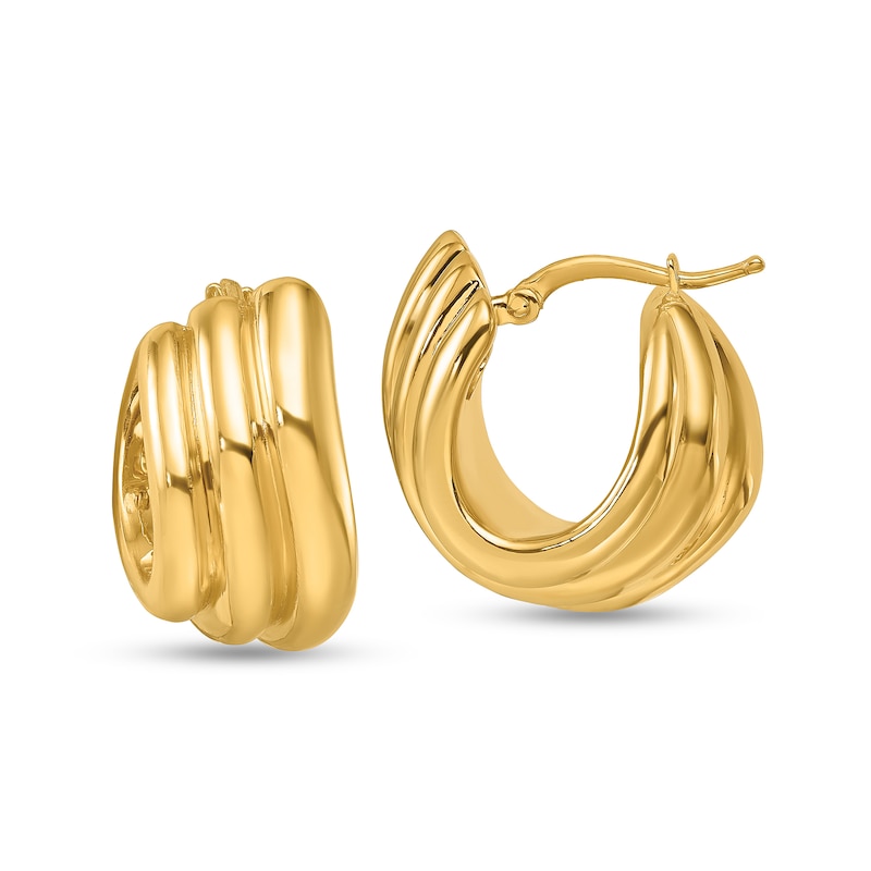 Main Image 1 of Graduated Triple Row Grooved Hoop Earrings in Hollow 14K Gold