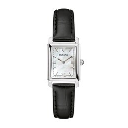 Ladies' Bulova Sutton Black Leather Strap Watch with Rectangular Mother-of-Pearl Dial (Model: 96L330)