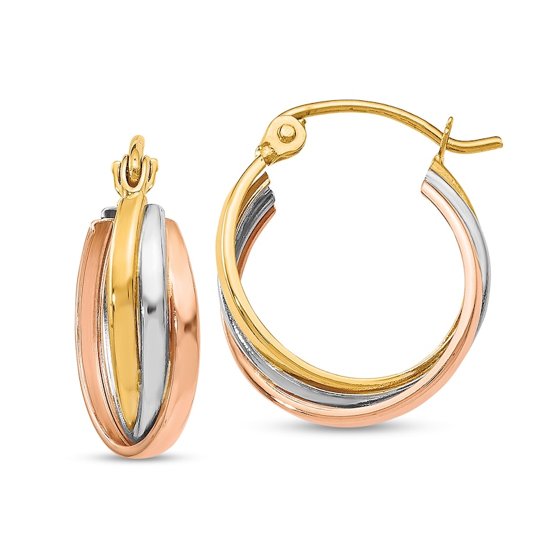 Main Image 1 of Twist Triple Hoop Earrings in Hollow 10K Tri-Tone Gold