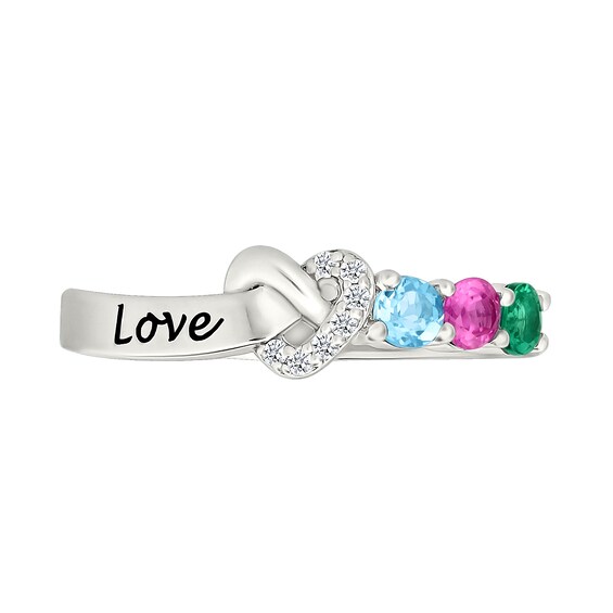 Birthstone and White Lab-Created Sapphire Engravable Heart Knot Ring in Sterling Silver (3 Stones and 1 Line)