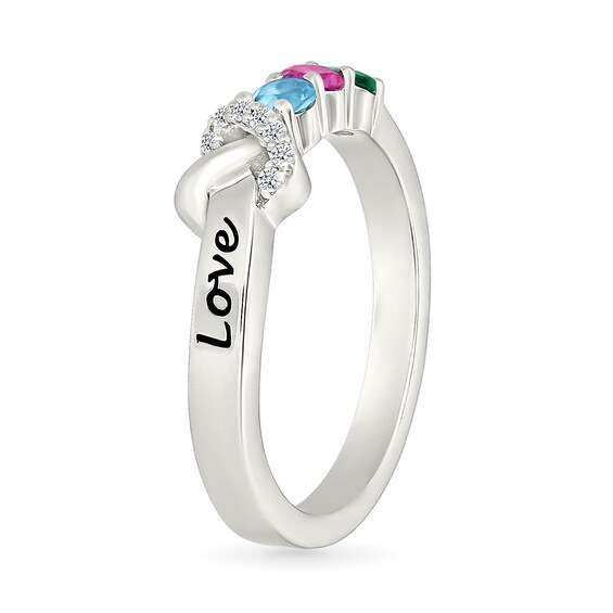 Birthstone and White Lab-Created Sapphire Engravable Heart Knot Ring in Sterling Silver (3 Stones and 1 Line)