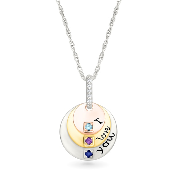 Birthstone and White Lab-Created Sapphire Layered Disc Pendant in Sterling Silver and Two-Tone Gold (3 Stones and Lines)