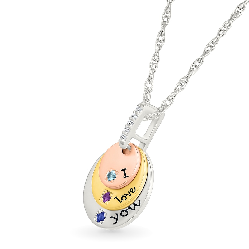 Main Image 2 of Birthstone and White Lab-Created Sapphire Layered Disc Pendant in Sterling Silver and Two-Tone Gold (3 Stones and Lines)