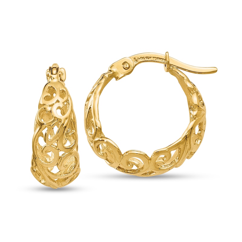 Main Image 1 of 16.0mm Filigree Tapered Hoop Earrings in Solid 10K Gold