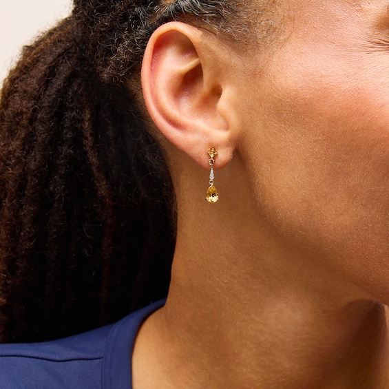 Pear-Shaped Citrine and Diamond Accent Dangle Drop Earrings in 10K Gold