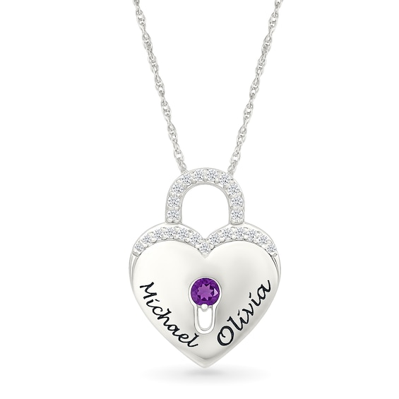 Birthstone and White Lab-Created Sapphire Engravable Heart Lock Necklace in Sterling Silver (1 Stone and 1-2 Lines)