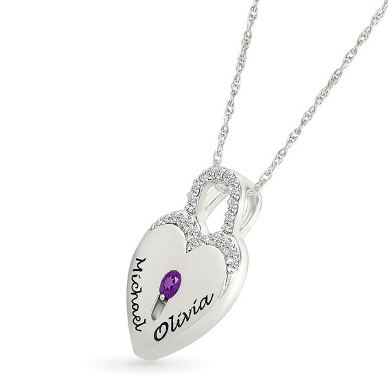 Birthstone and White Lab-Created Sapphire Engravable Heart Lock Necklace in Sterling Silver (1 Stone and 1-2 Lines)