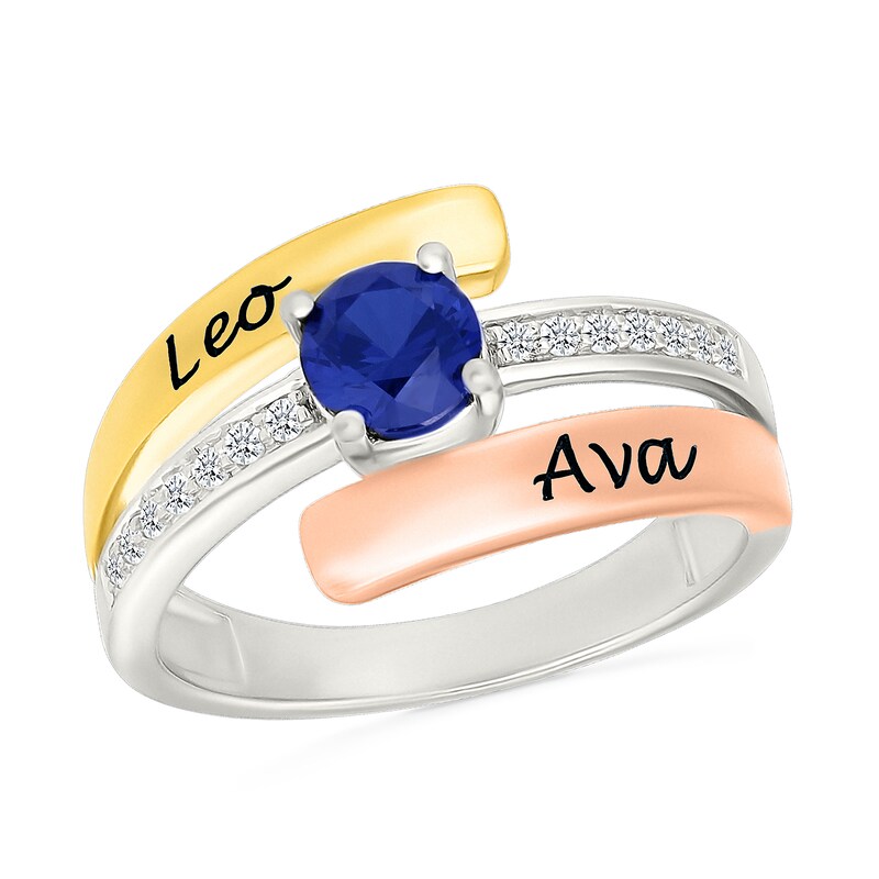 Main Image 1 of Birthstone and White Lab-Created Sapphire Bypass Ring in Sterling Silver and 10K Two-Tone Gold (1 Stone and 1-2 Lines)