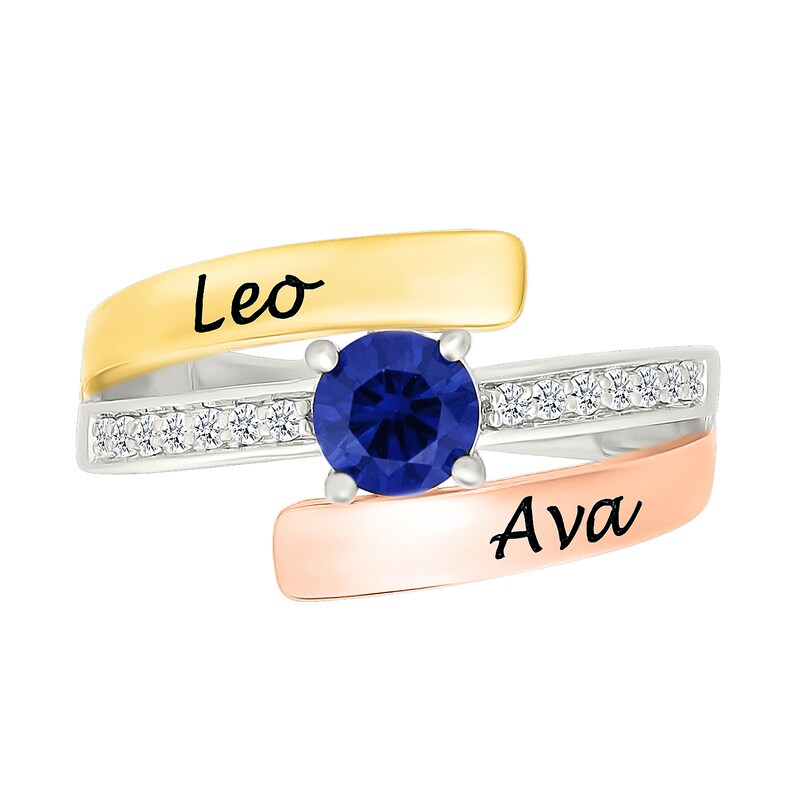 Main Image 2 of Birthstone and White Lab-Created Sapphire Bypass Ring in Sterling Silver and 10K Two-Tone Gold (1 Stone and 1-2 Lines)