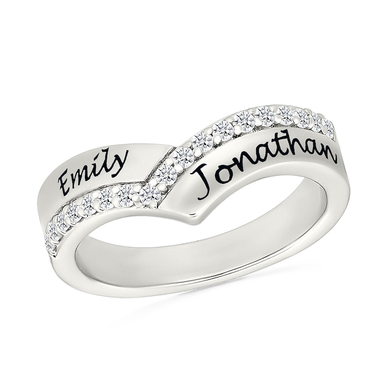 Main Image 1 of White Lab-Created Sapphire Engravable Double Row Chevron Ring in Sterling Silver (1-2 Lines)