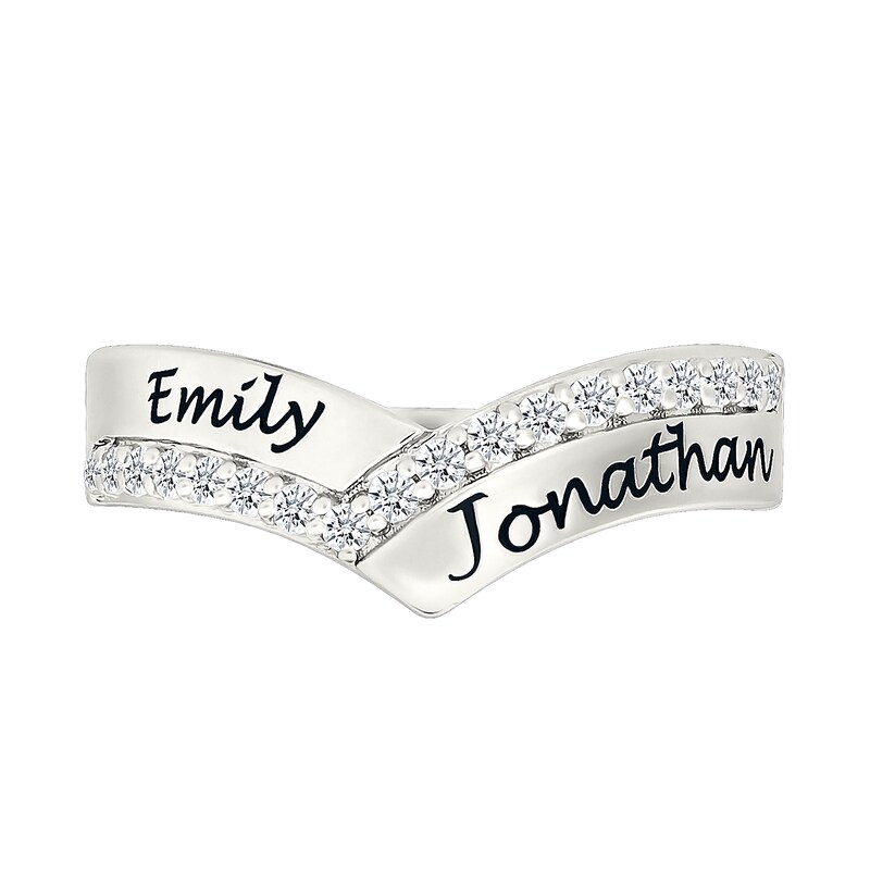 Main Image 2 of White Lab-Created Sapphire Engravable Double Row Chevron Ring in Sterling Silver (1-2 Lines)