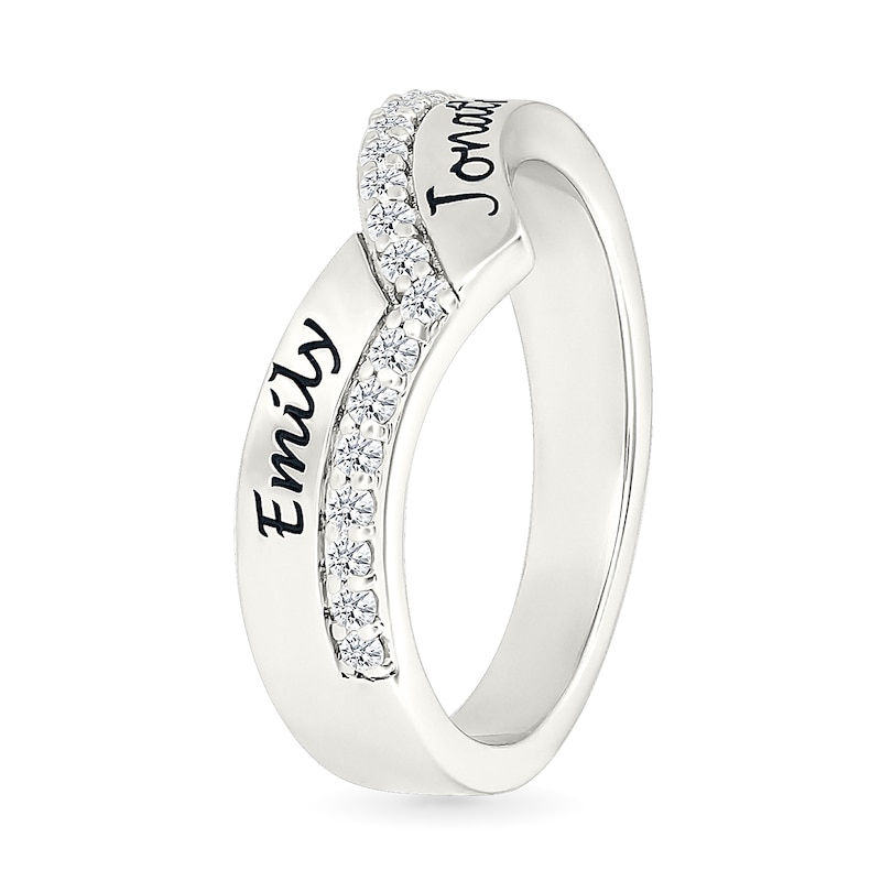 Main Image 3 of White Lab-Created Sapphire Engravable Double Row Chevron Ring in Sterling Silver (1-2 Lines)