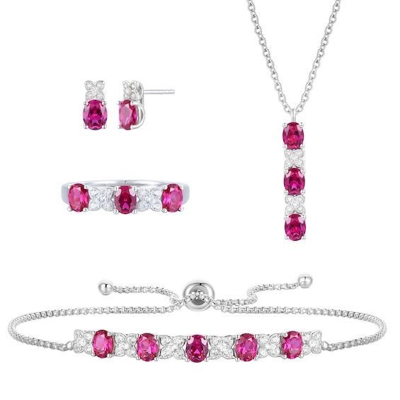 Oval Lab-Created Ruby and White Lab-Created Sapphire Four Piece Jewelry Set in Sterling Silver - Size 7