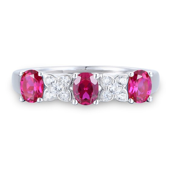 Oval Lab-Created Ruby and White Lab-Created Sapphire Four Piece Jewelry Set in Sterling Silver - Size 7
